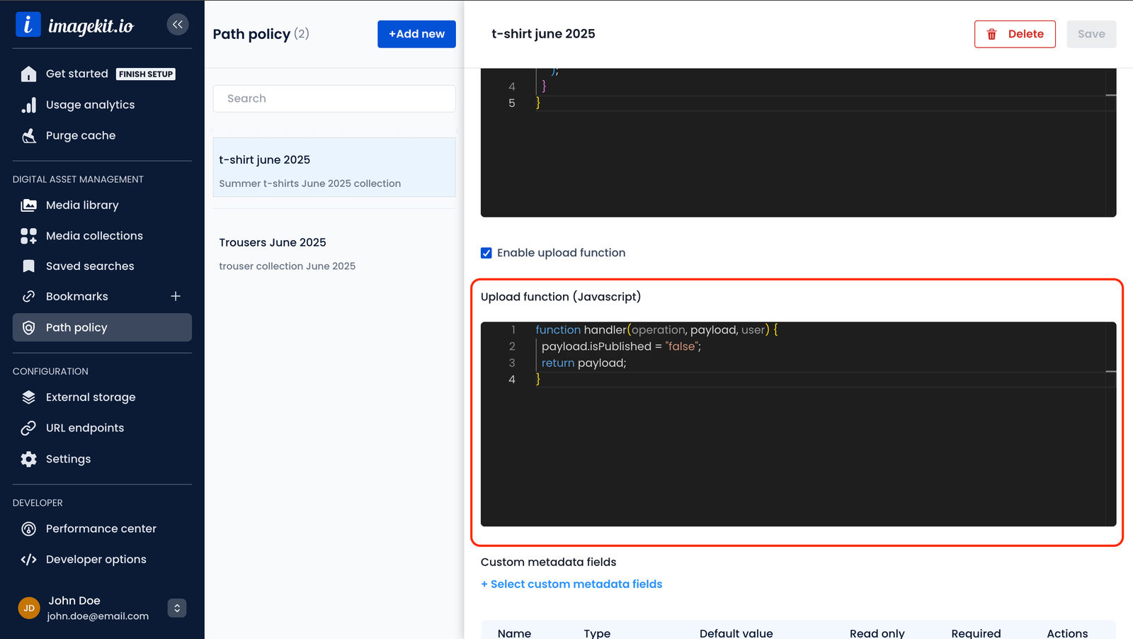The path policy editor in the ImageKit dashboard, with an upload function and custom metadata field settings