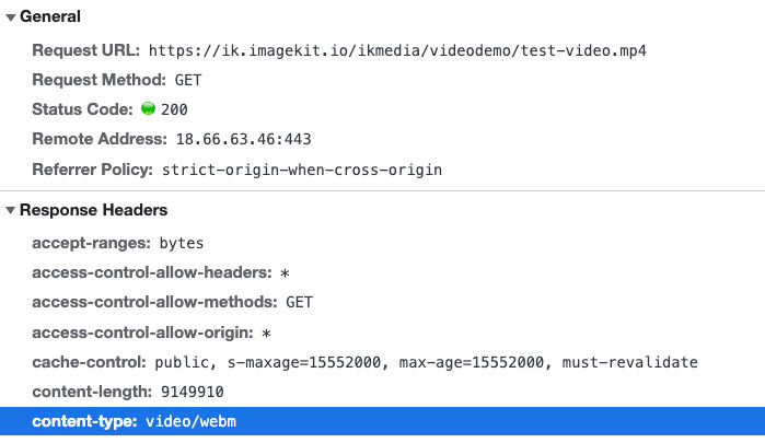 The sample video delivered through ImageKit as WebM, down from 14.7 MB to 9.1 MB.