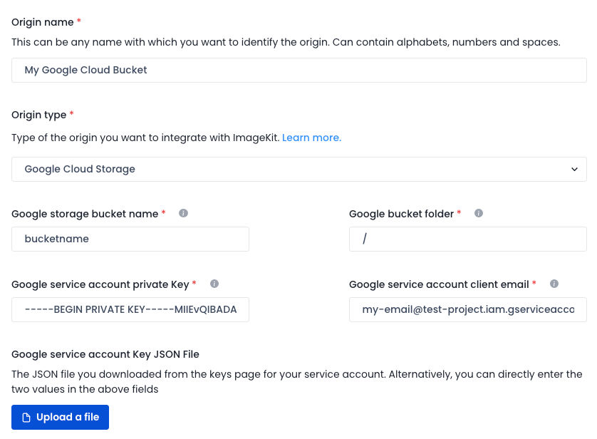 Attaching a Google Cloud Storage bucket as an external origin in the ImageKit dashboard.