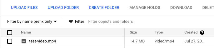 The test-video.mp4 sample uploaded to a Google Cloud Storage bucket.