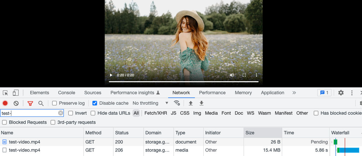 Browser network panel showing multiple range requests, each completing with a 206 partial-content status.