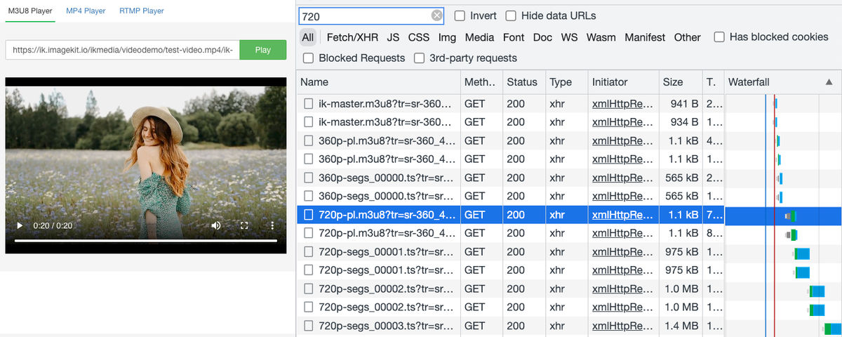 Network panel showing the player loading 360p segments first, then switching up to 720p.