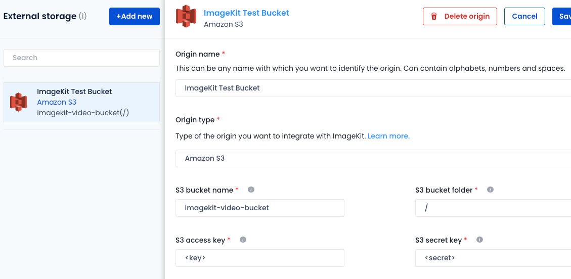 Attaching an AWS S3 bucket as an external origin in the ImageKit dashboard.