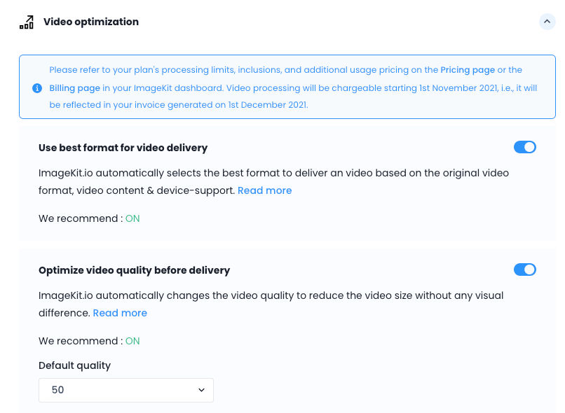 Video optimization settings in the ImageKit dashboard.