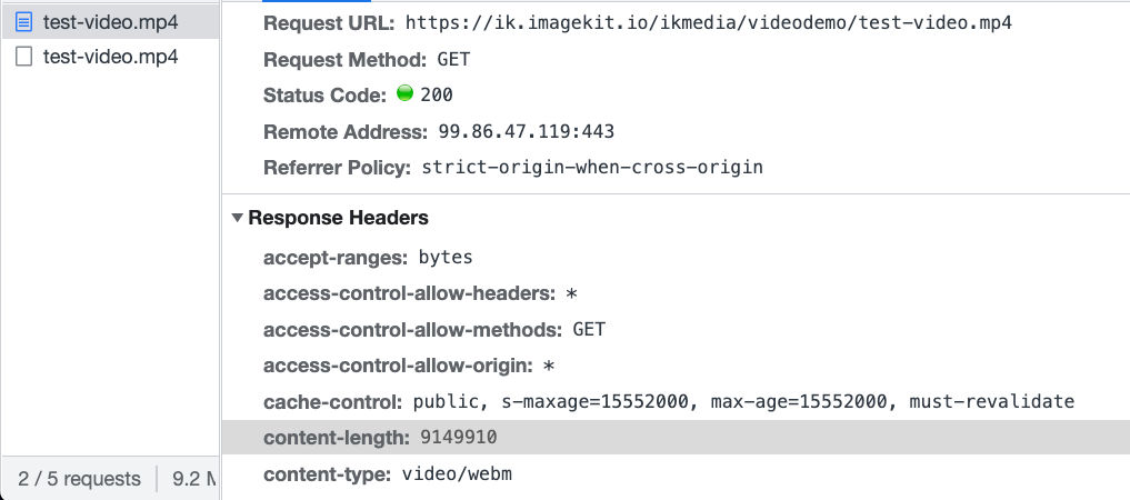 The sample video delivered through ImageKit as WebM, down from 14.7 MB to 9.1 MB.