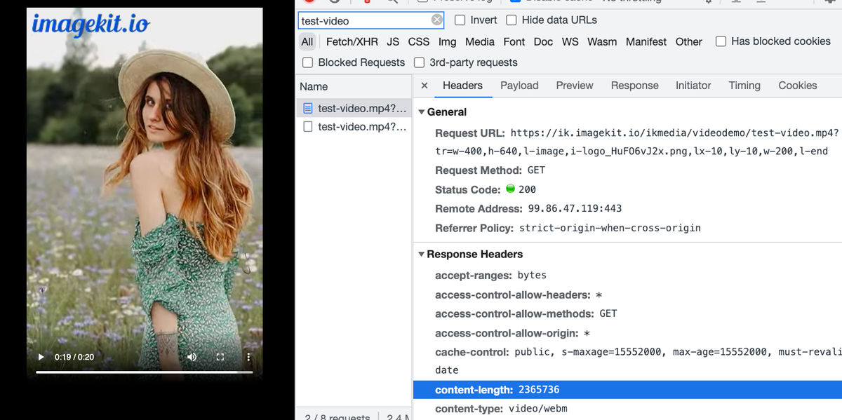 A logo overlaid on the video as a watermark using ImageKit's layers syntax.