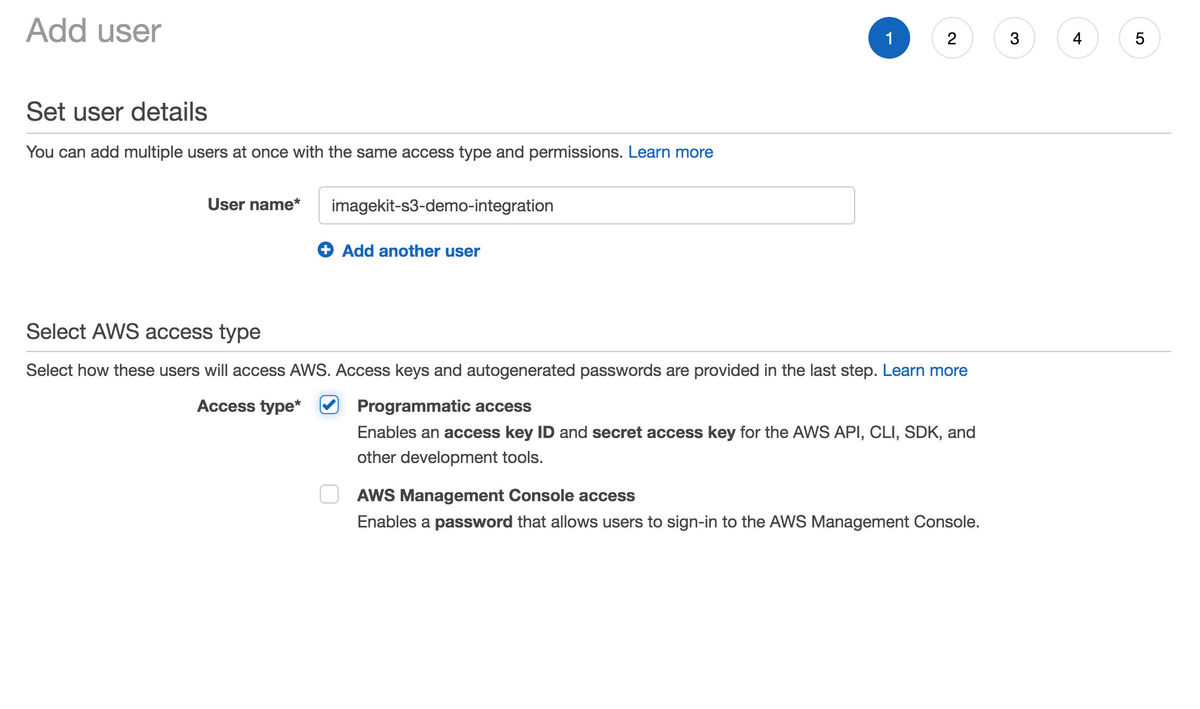 Creating a read-only IAM user scoped to the video bucket in the AWS console.