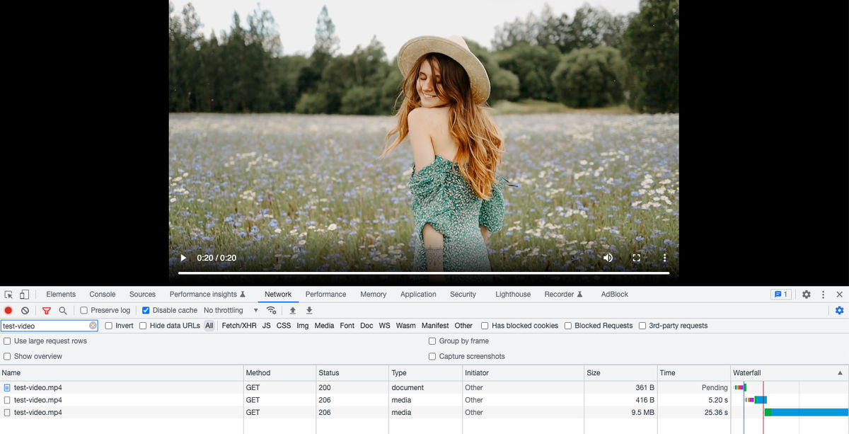 Browser network panel showing range requests, each completing with a 206 partial-content status.