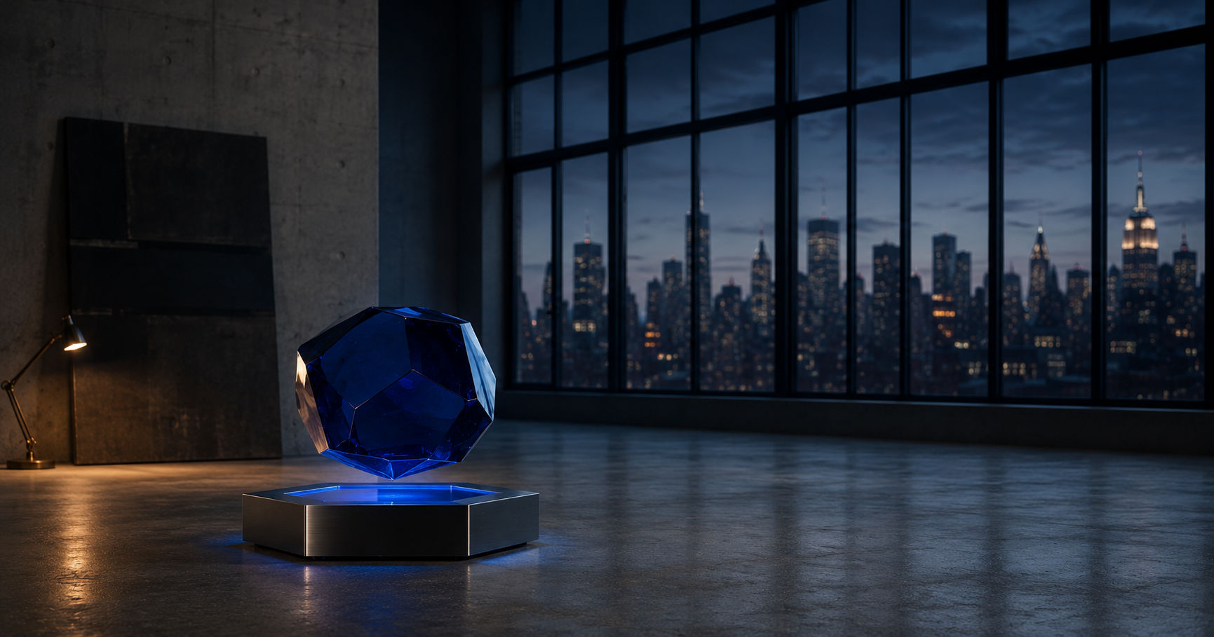 A custom-engineered glass form rises from a precision-machined base inside an IKRC workspace at blue hour, the Manhattan skyline visible through factory windows.