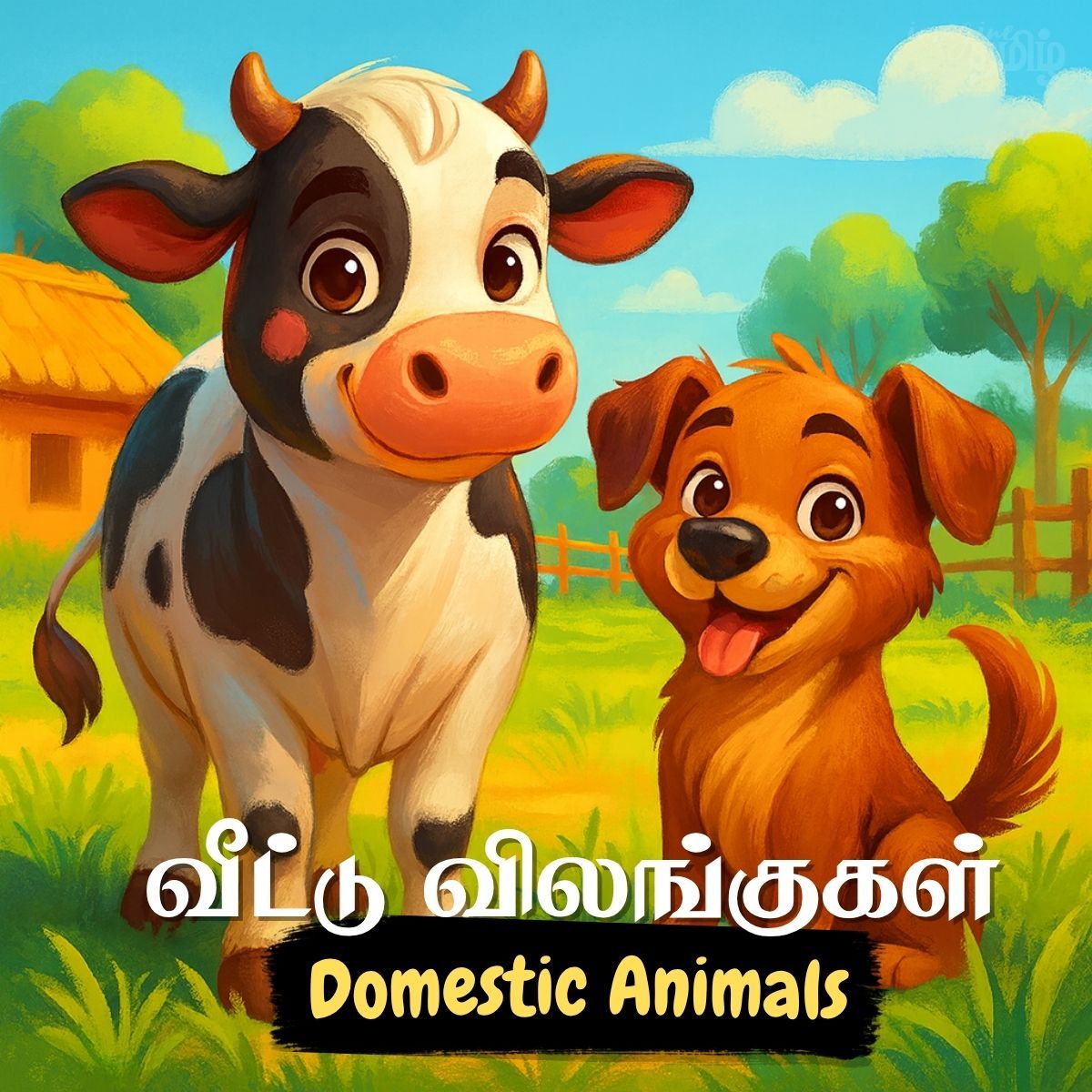 Lesson thumbnail for Tamil domestic animals with a rooster illustration for kids