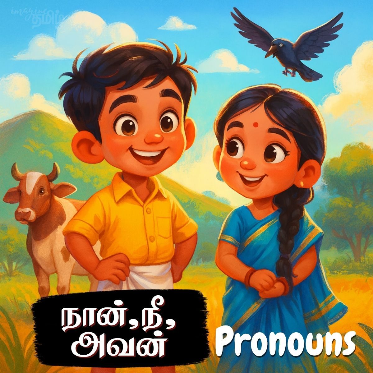 Lesson thumbnail for Tamil domestic animals with a rooster illustration for kids