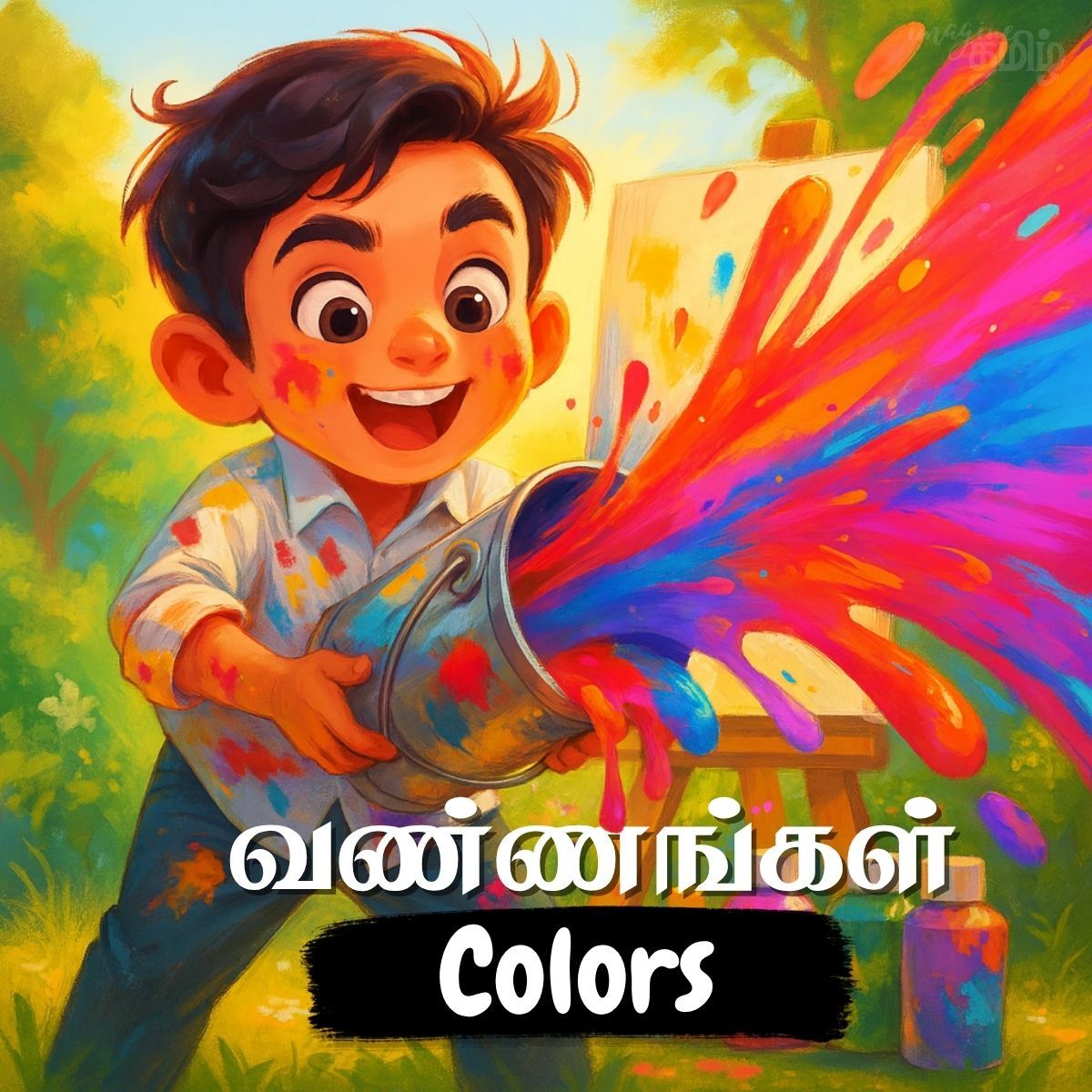Lesson thumbnail for Tamil domestic animals with a rooster illustration for kids