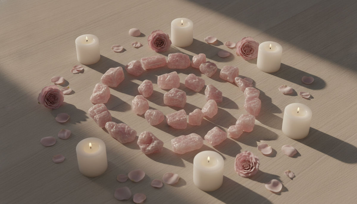 Composition de kunzite avec éléments naturels symbolisant l'amour inconditionnel et la douceur du cœur