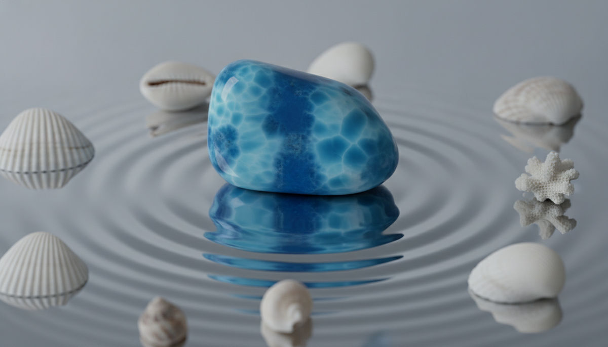 Pierre de larimar avec des éléments aquatiques évoquant son lien avec l'élément eau et les Caraïbes