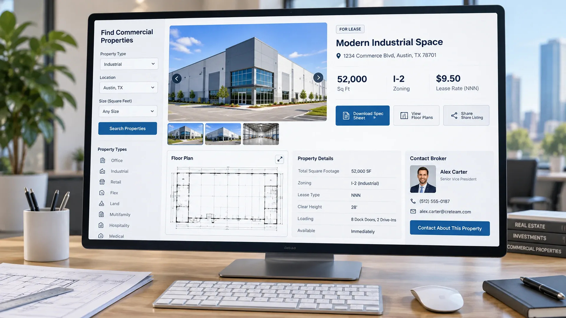 Commercial Property Listing Page On A Monitor Showing Floor Plans