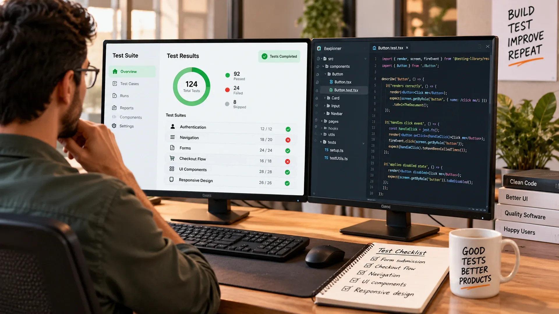 Developer Reviewing A Green Test Suite Dashboard
