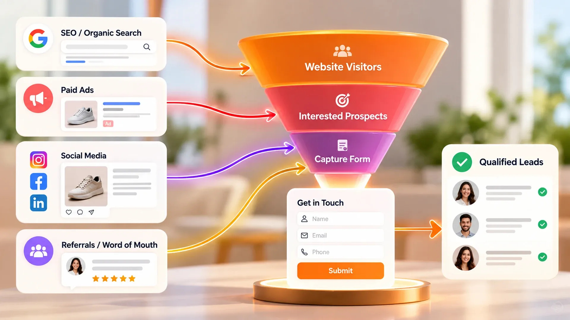 Lead Generation Funnel Showing Traffic Sources Feeding