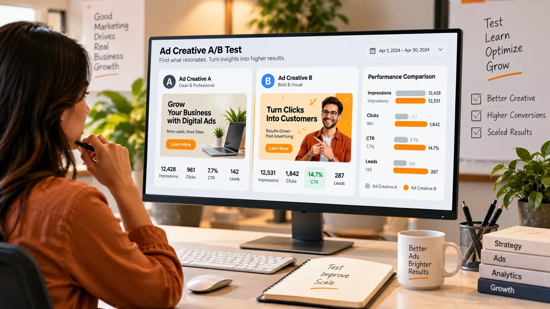 Marketer Reviewing AB Test Results For Two Ad Creative Variations