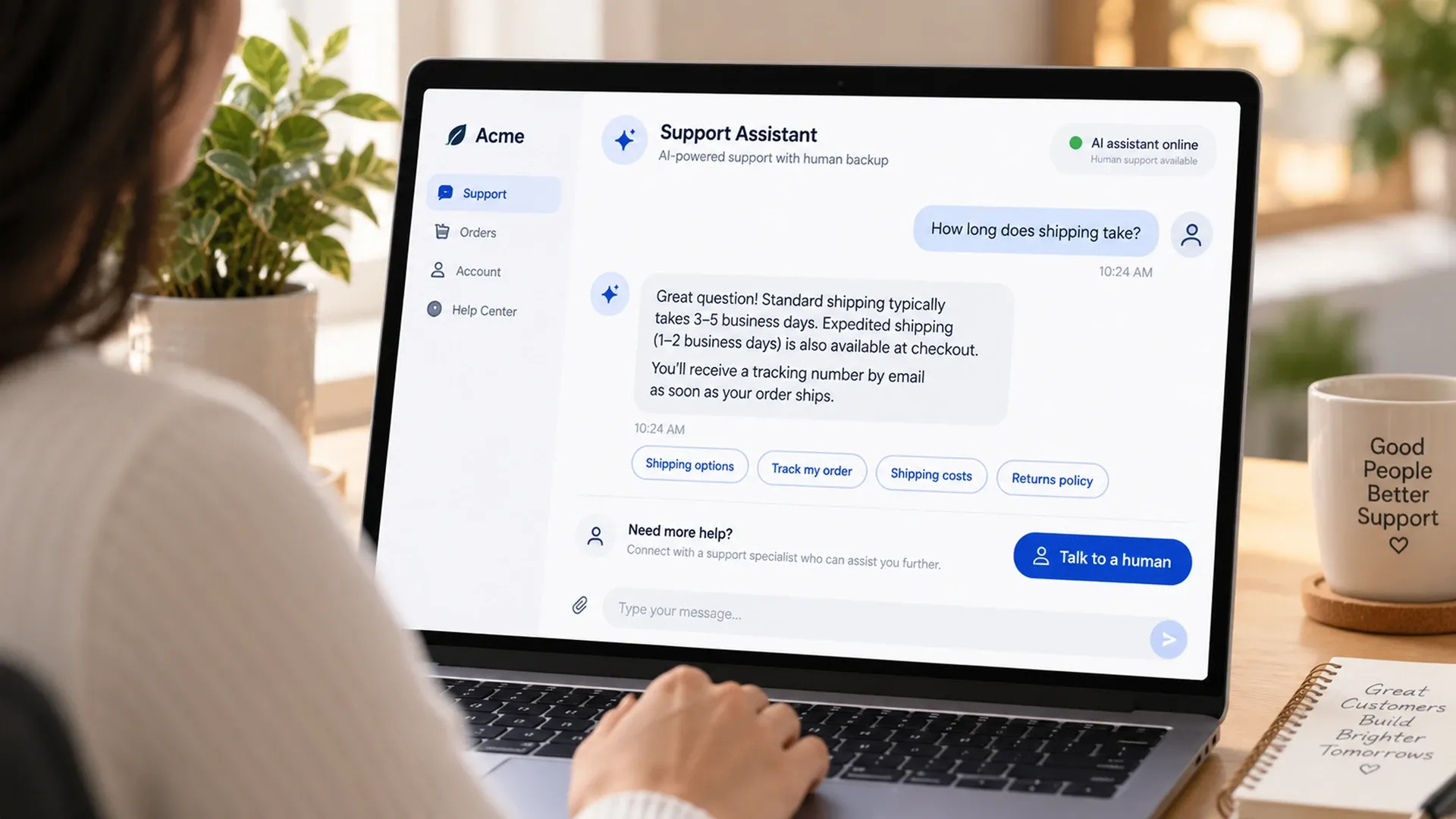 Support Chat Window Showing An AI Assistant