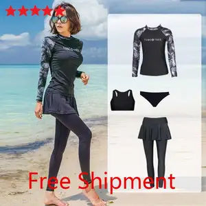 4pcs / Set Baju Renang Rashguard Wanita Lengan Panjang + Rok Untuk Surfing Pantai Berpasir
