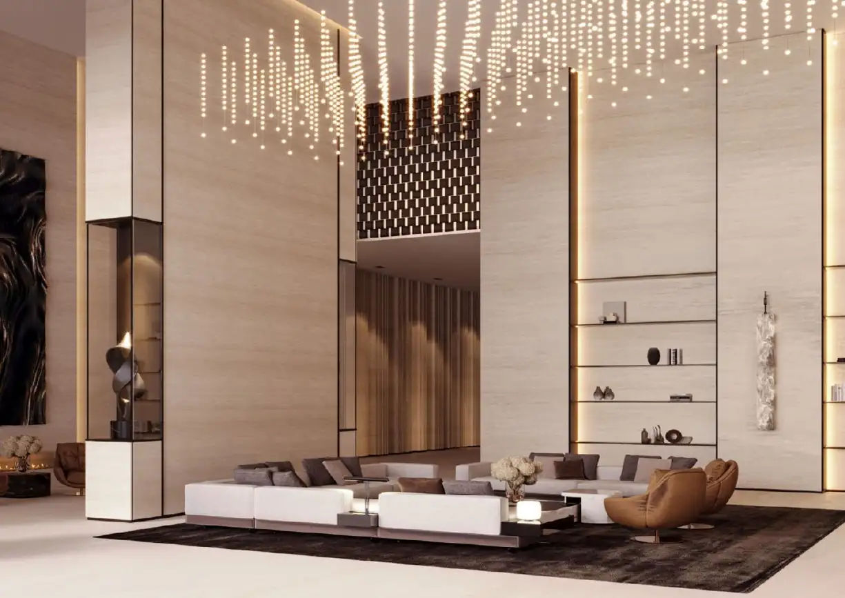 View of Yachtside Marina Residences at sunset with buildings, palm trees, and beach