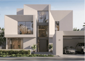 View of Yachtside Marina Residences at sunset with buildings, palm trees, and beach