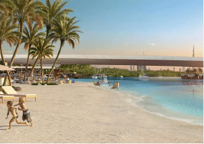 View of Yachtside Marina Residences at sunset with buildings, palm trees, and beach