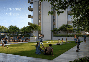 View of Yachtside Marina Residences at sunset with buildings, palm trees, and beach