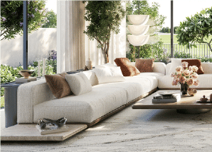 View of Yachtside Marina Residences at sunset with buildings, palm trees, and beach