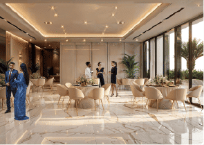 View of Yachtside Marina Residences at sunset with buildings, palm trees, and beach