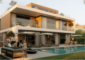 View of Yachtside Marina Residences at sunset with buildings, palm trees, and beach