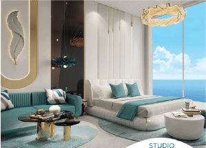 View of Yachtside Marina Residences at sunset with buildings, palm trees, and beach