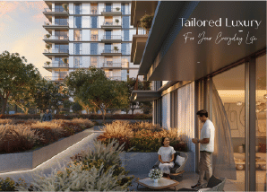 View of Yachtside Marina Residences at sunset with buildings, palm trees, and beach