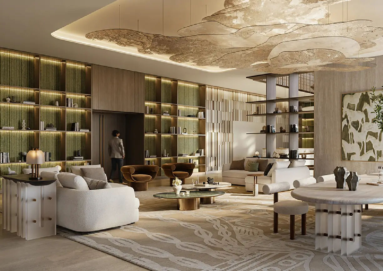 View of Yachtside Marina Residences at sunset with buildings, palm trees, and beach