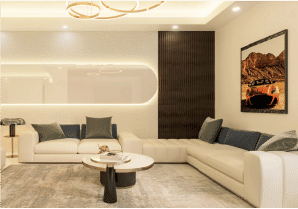 View of Yachtside Marina Residences at sunset with buildings, palm trees, and beach