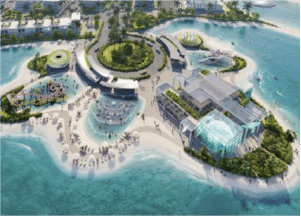 View of Yachtside Marina Residences at sunset with buildings, palm trees, and beach