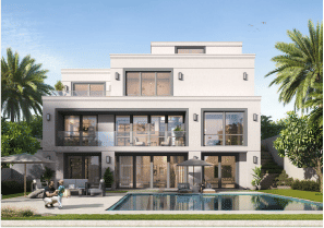 View of Yachtside Marina Residences at sunset with buildings, palm trees, and beach