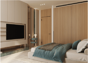 View of Yachtside Marina Residences at sunset with buildings, palm trees, and beach