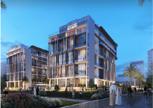 View of Yachtside Marina Residences at sunset with buildings, palm trees, and beach