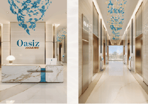 View of Yachtside Marina Residences at sunset with buildings, palm trees, and beach