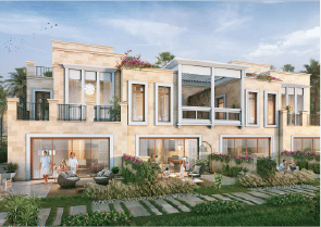 View of Yachtside Marina Residences at sunset with buildings, palm trees, and beach