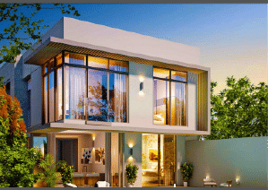 View of Yachtside Marina Residences at sunset with buildings, palm trees, and beach