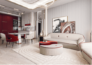 View of Yachtside Marina Residences at sunset with buildings, palm trees, and beach