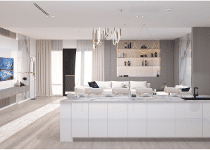 View of Yachtside Marina Residences at sunset with buildings, palm trees, and beach