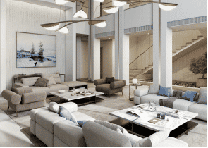 View of Yachtside Marina Residences at sunset with buildings, palm trees, and beach