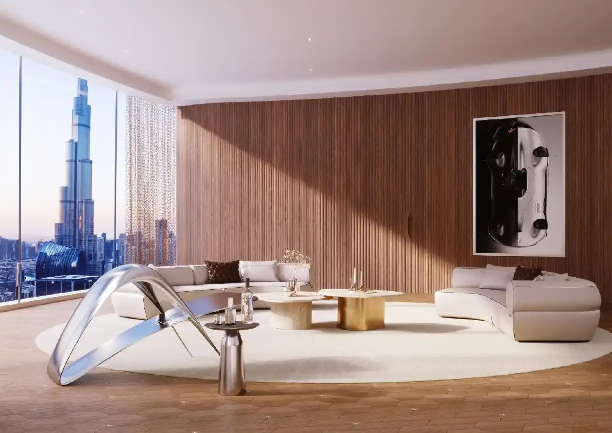 View of Yachtside Marina Residences at sunset with buildings, palm trees, and beach