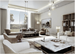 View of Yachtside Marina Residences at sunset with buildings, palm trees, and beach