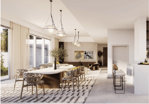 View of Yachtside Marina Residences at sunset with buildings, palm trees, and beach