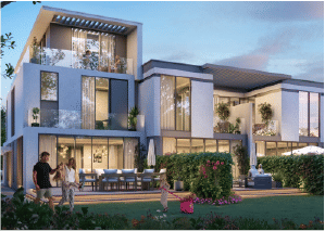 View of Yachtside Marina Residences at sunset with buildings, palm trees, and beach