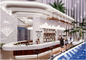 View of Yachtside Marina Residences at sunset with buildings, palm trees, and beach